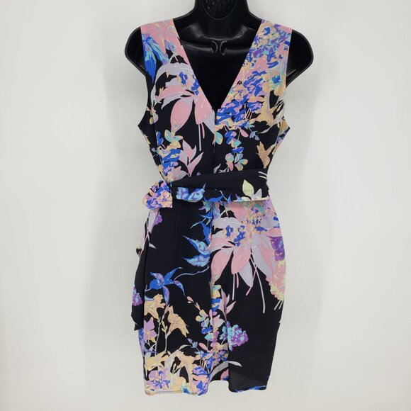 Yumi Kim Floral Print Faux Wrap Mini Dress S Sleeveless Side Tie Black Blue - Picture 3 of 11